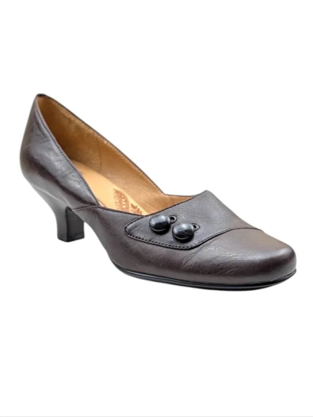 Söfft Brown Leather Kitten Heel Comfort Pumps 8W Wide Button Accent S4244